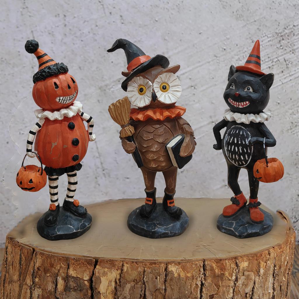 Halloween Pumpkin Puppet Decoration, Resin Carving Owl Black Cat Statue, Halloween Home Indoor and Outdoor Garden Decorations