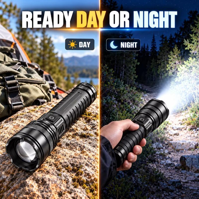Rechargeable Heavy Duty LED Flashlight, Adjustable Focus, Digital Power Display + COB Tail Light, Spot/Flood Beam for Emergency & Outdoor