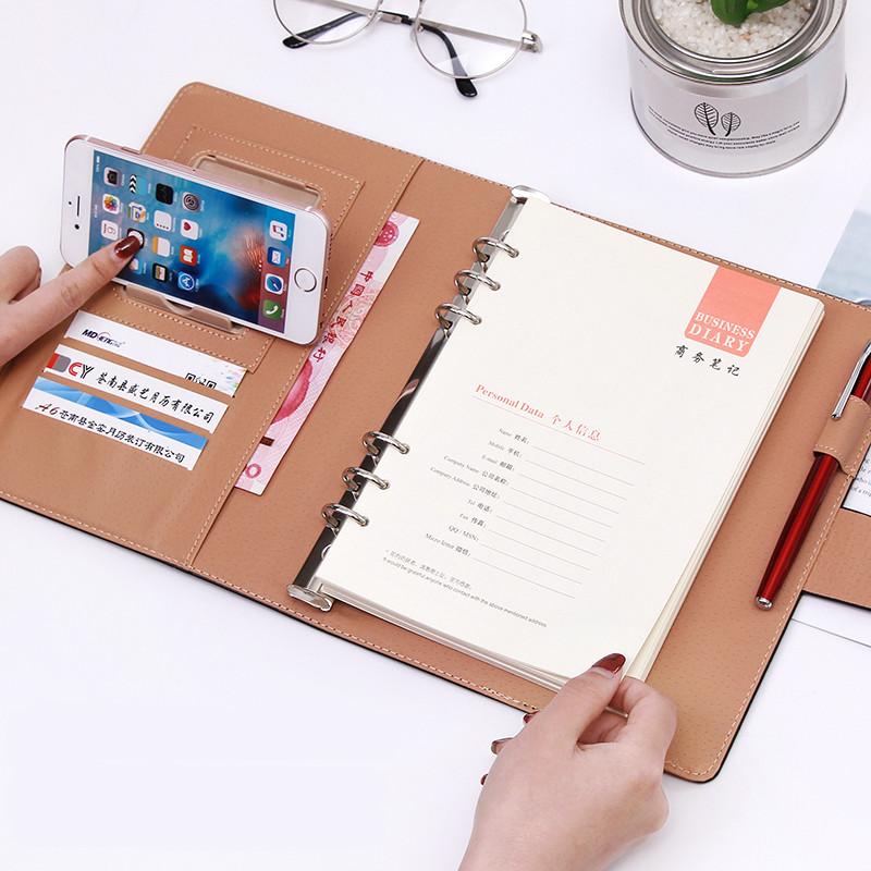 A5 6-Ring Notebook with 100 Sheets PU Leather Spiral Bound College Diary Featuring Phone Holder and Pockets Style Loose-leaf