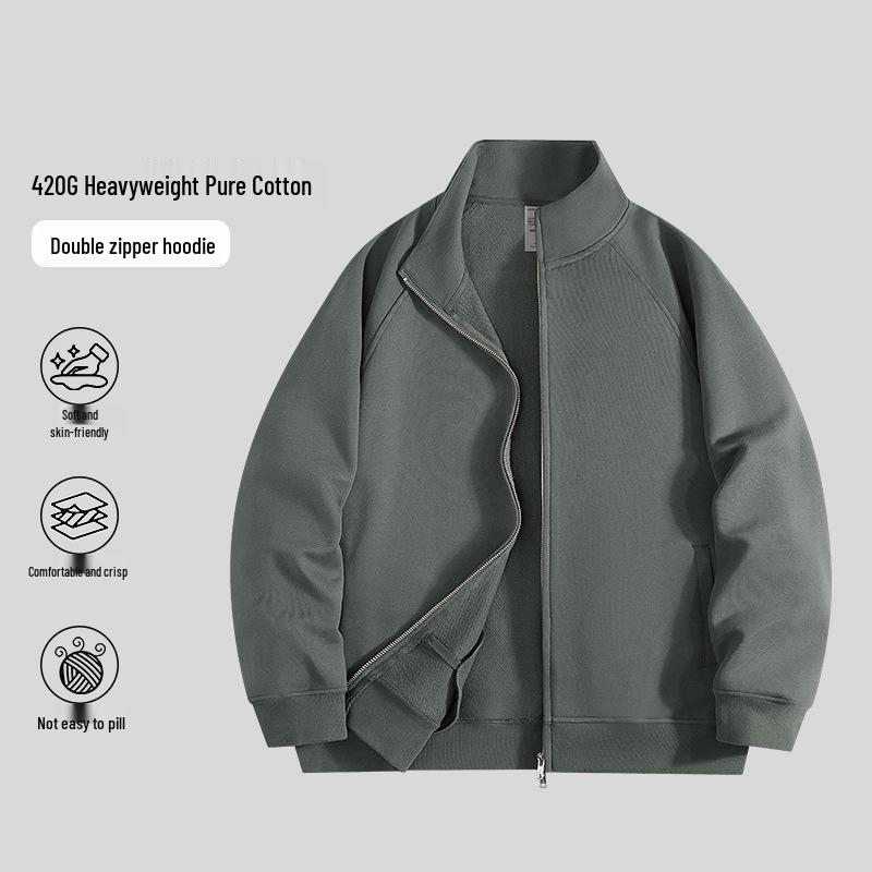 Men's 420g Heavyweight Stand-up Collar Zipper Hoodie - Gray, Spring/Autumn, Loose Fit, Versatile Cardigan.
