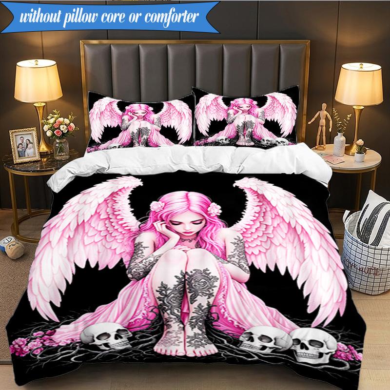 3PCS Ethereal pink Angelic skull Bedding Set,Including 1pc Duvet Cover And 2pcs Pillowcases Perfect for Bedroom, Dormitory, Fan Christmas gift