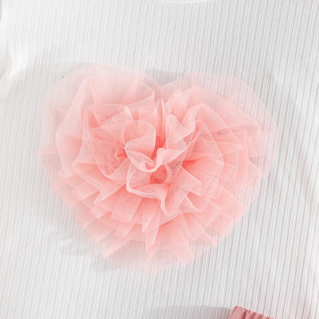 New Girls' Puff Short Sleeve Top with Heart Bow Short Skirt Set Fashion Set