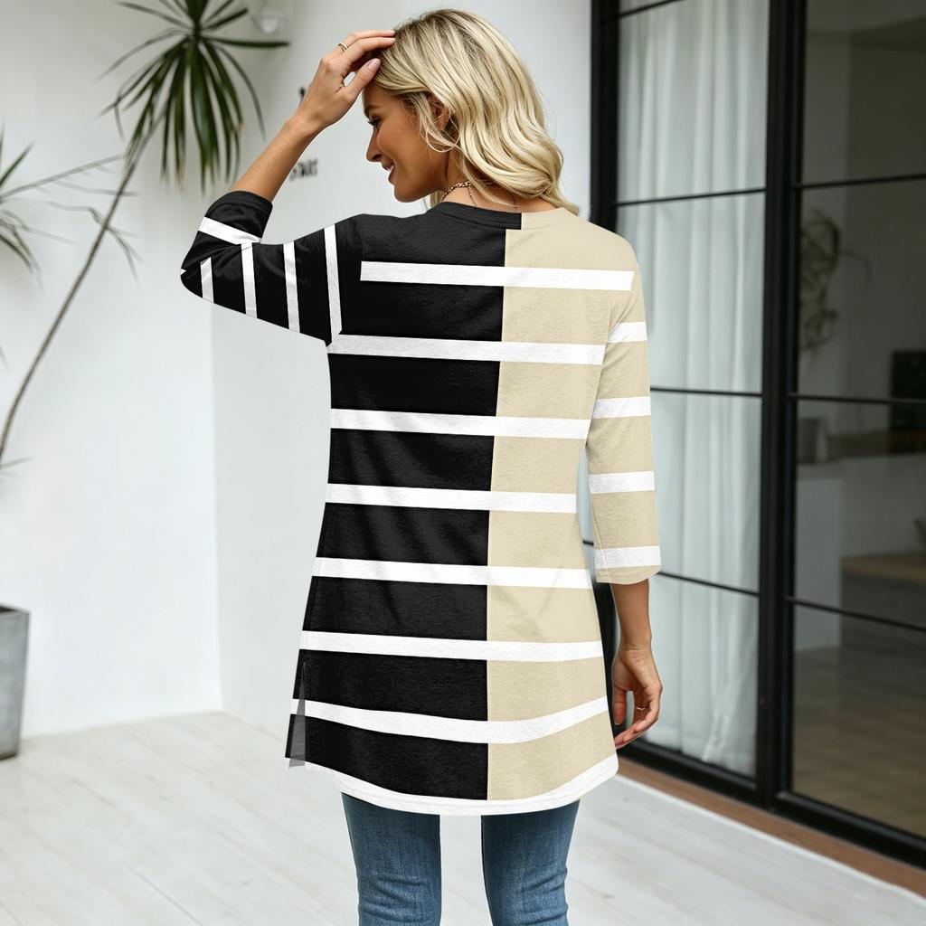 Damen V-Ausschnitt 3/4 Ärmel Pullover Tunika Oberteil mit Streifenmuster Lockerer Schnitt Lässige Mittellange Bluse für den täglichen Gebrauch