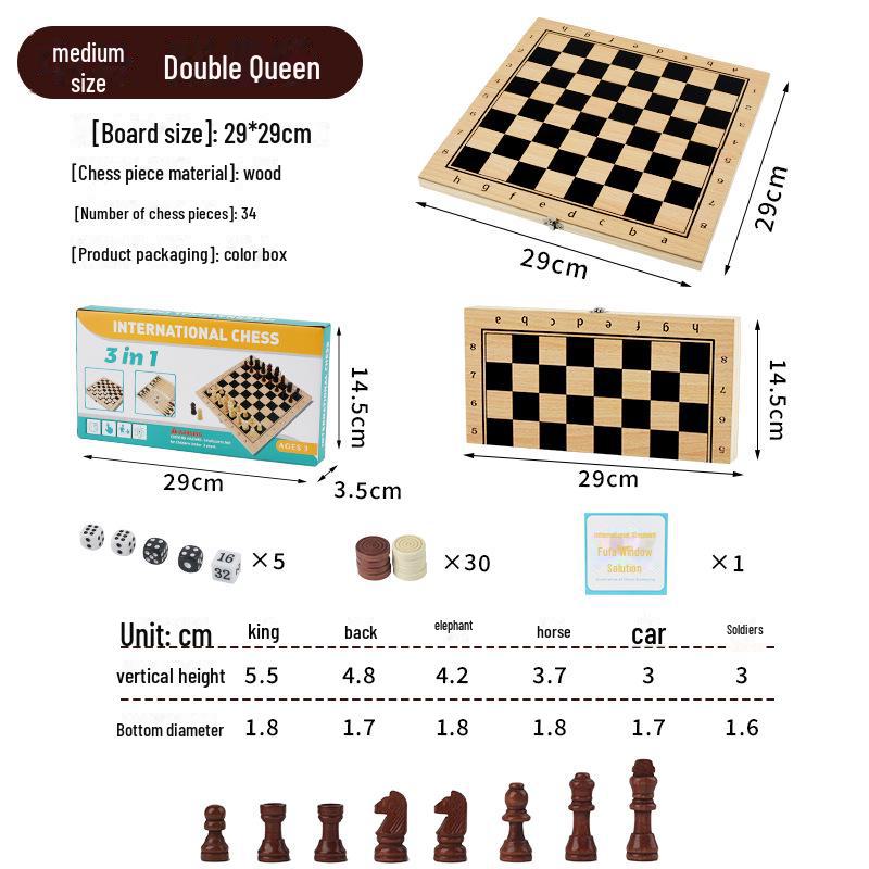 

Премиальный набор шахмат из цельного дерева 3 в 1: Шахматы, двойная королева и шашки