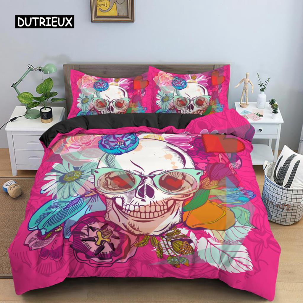 Skull Duvet Cover Set King Queen Size Gothic Rose Flowers And Skull Bones Bedding Set Microfiber Horror Skeleton Comforter Cover