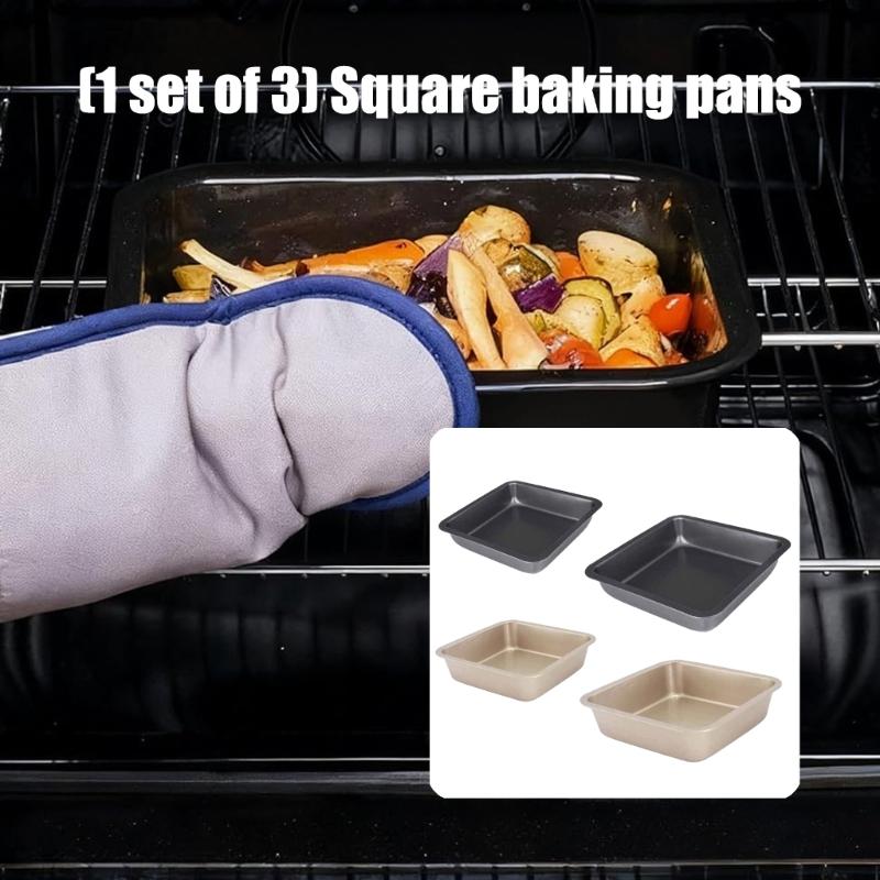 Pack of 3 Scratch Resistant Square Pan Food Grade Carbon Steel Easy Cleaning Baking Mold for Family Kitchens