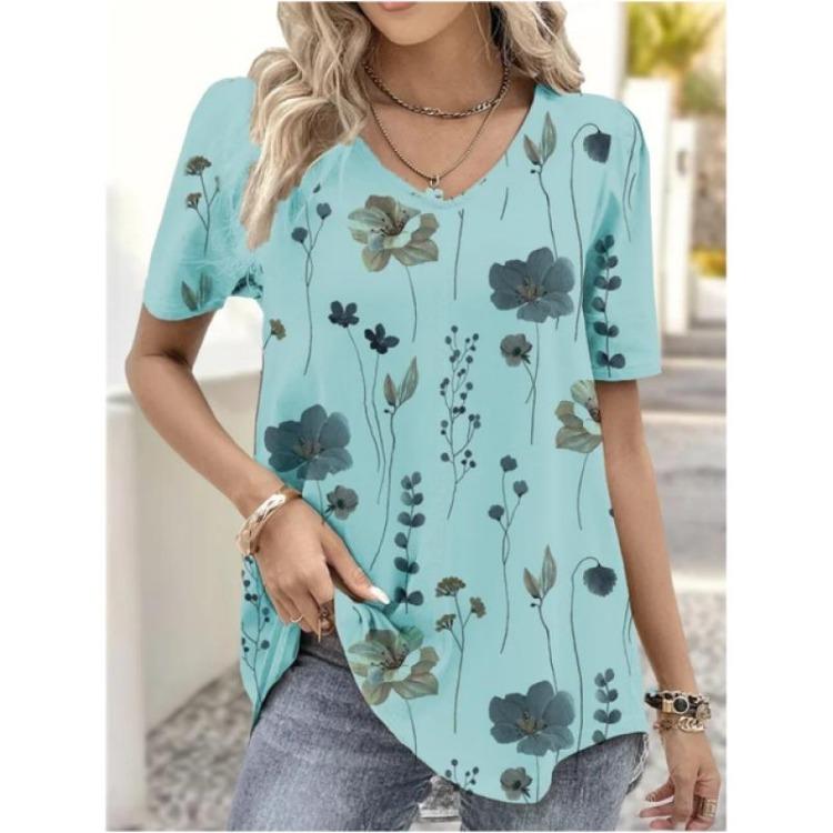Women Casual Loose V-Neck Striped Funny Printed Summer T-Shirt Streetwear Pullover Tee Female Clothing Tops Women's Fashion