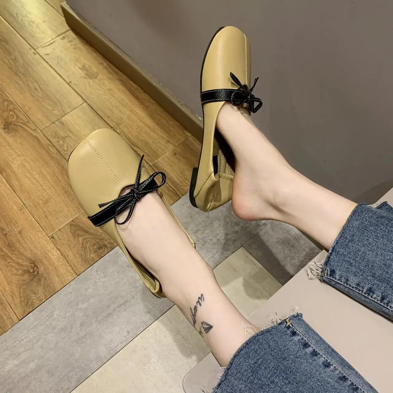 

Fashion Leather Casual with Bow Black Woman Flats Low Heel Elegant Office Cheap Liquidation Popular Non Slip Spring Shoe Shoes for Women 35