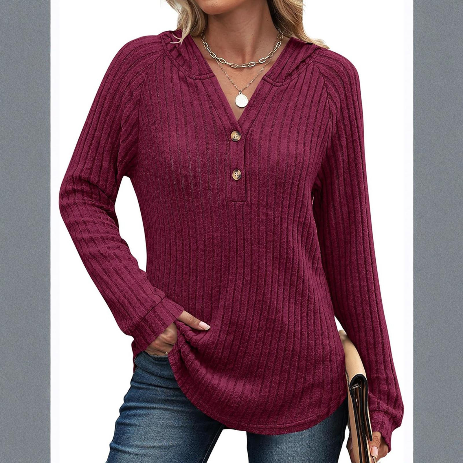 

Women s Fashionable Casual Solid Color Long Sleeve Ribbed Hooded Top XL винный