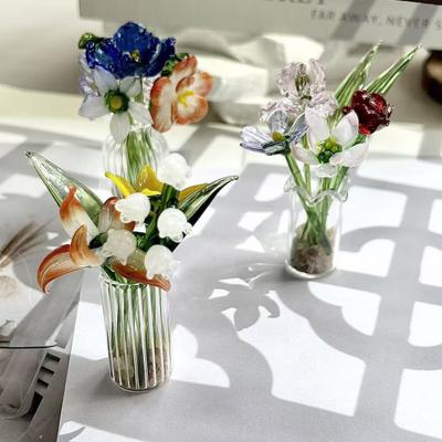 Handmade Glass Flower Decoration with Stem Hand-Blown Mini Floral Plants Figurine Home Living Room Office Table Flower Vase Ornament
