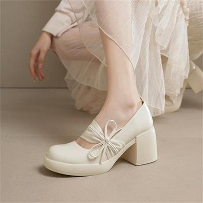 Saltos Altos Femininos Primavera e Outono Novos Estilo Britânico Mary Jane Sapatos Femininos Laço Salto Grosso Boca Leve Suave Sapatos Únicos Femininos