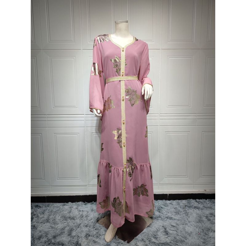 New Arrival New Ethnic Style Fashion Bronzing Chiffon Plus Size V Neck Dress Gilding Chiffon Dress