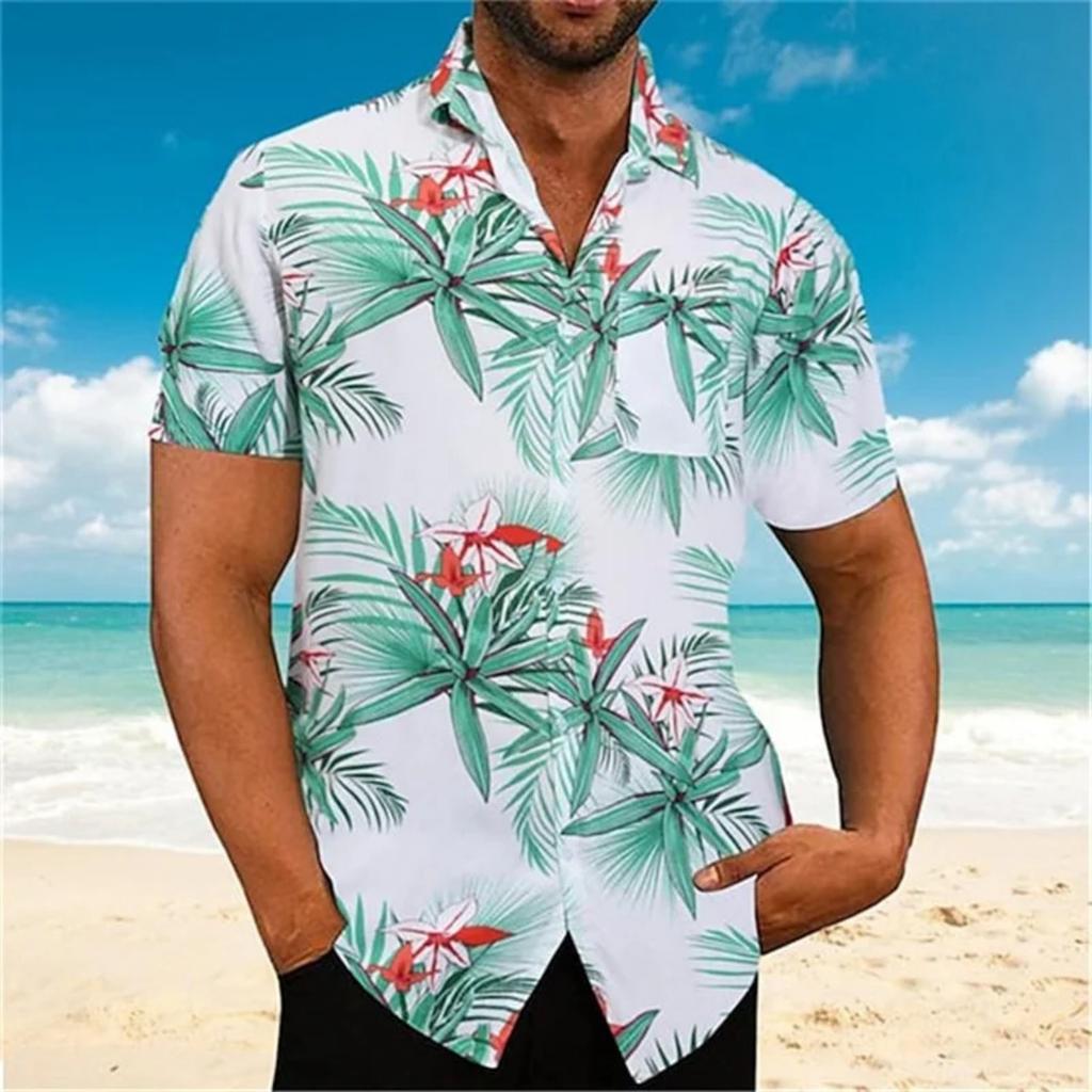 Men's Summer Breathable Plant Print Shirt Hawaiian Seaside Comfortable Short Sleeved Fashionable Design New Model Cool