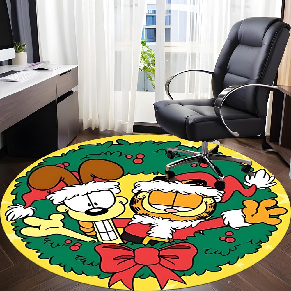 1PC Christmas Garfield and Odie Office Round Rug - Perfect for Office or Study Decor, Machine Washable, Non-Slip Backing, Decorative Floor Mat