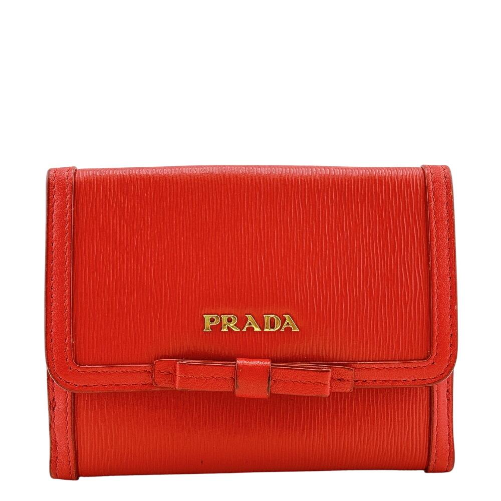 

PRADA Ribbon W Hook Wallet Compact Wallet leather VITELLO MOVE FI Bifold Wallet Red leather Women Used