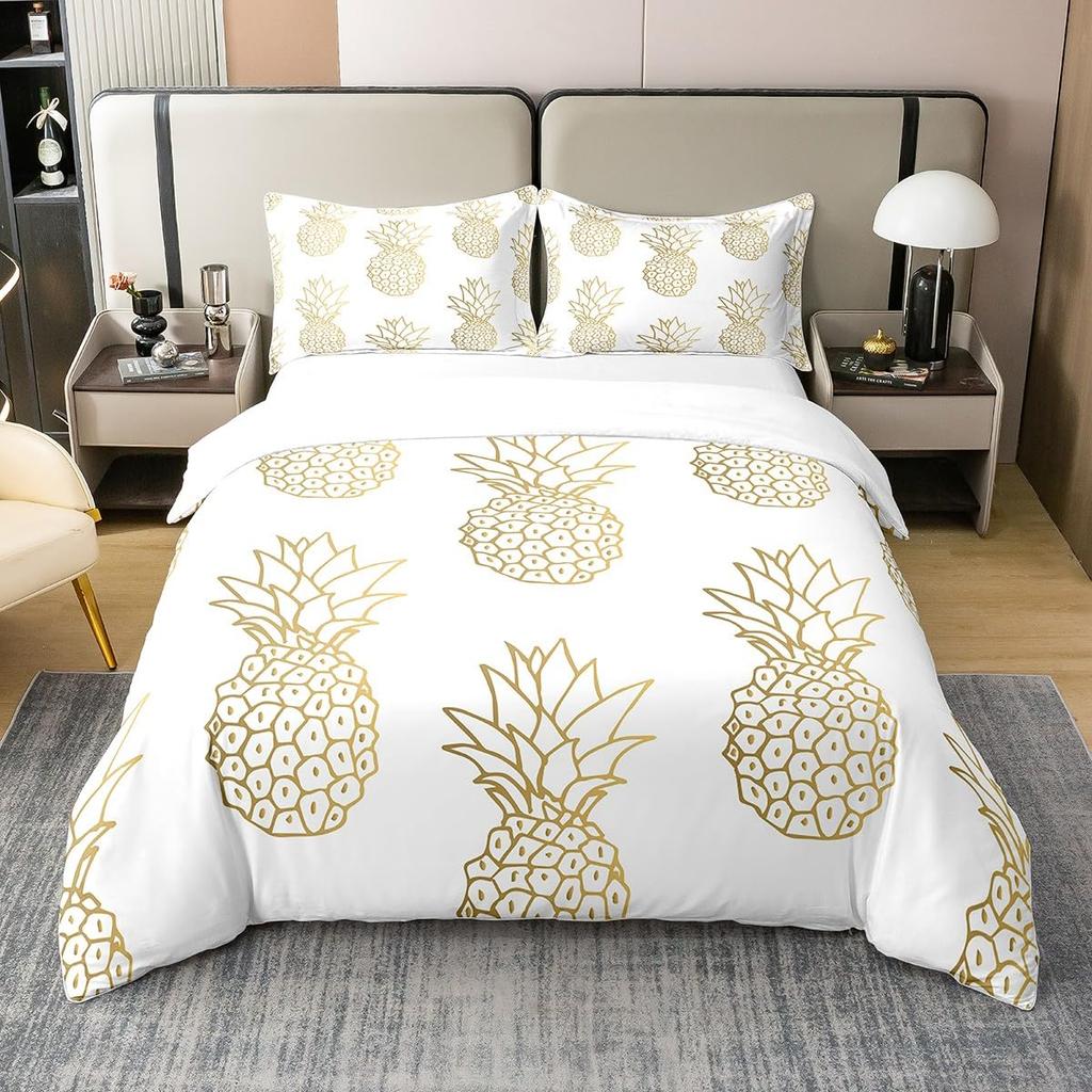 Funny Pattern Pineapple Bedding Set Decor Quilted 3 Piece Cover Set With 2 Pillow Shams, Twin Full Queen King Size Room Decor