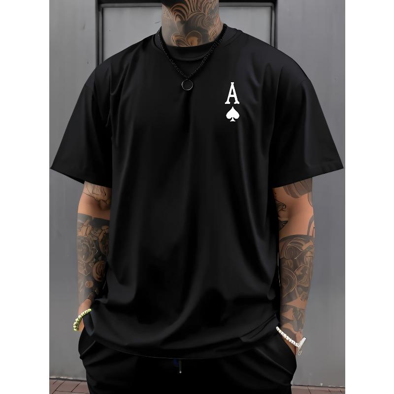 Tamanhos europeus Homem Ás de Espadas (Espada A) Camiseta com Estampa de Logo - Preta Casual Manga Curta Gola Redonda com Design Icônico de Carta de Poker