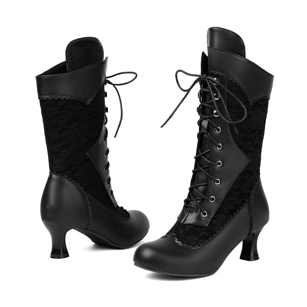 Höst Vinter Vintage Kvinnor Viktorianska Stövlar Snörning Hög Klack Ankelstövlett Volang Kant Lolita Prinsessa Cosplay Teparty Kostymskor