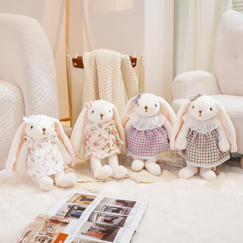 New 35cm Cute Shy Bunny Plush Toy with Floral Check Dress Soft Stuffed Rabbit Kid Birthday Gift Sofa Bedroom Decor Hugging