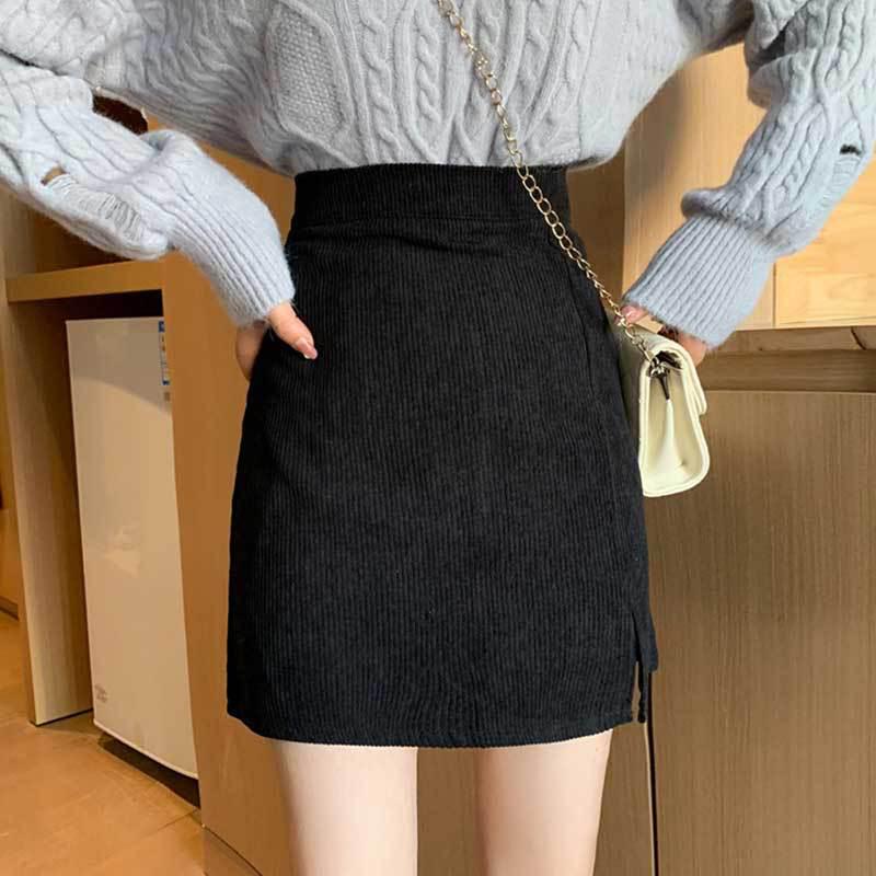 

Юбка-трапеция из вельвета с высокой талией и разрезом - женская модная короткая юбка осень/зима 2022 года XS 70-80 jin чёрный