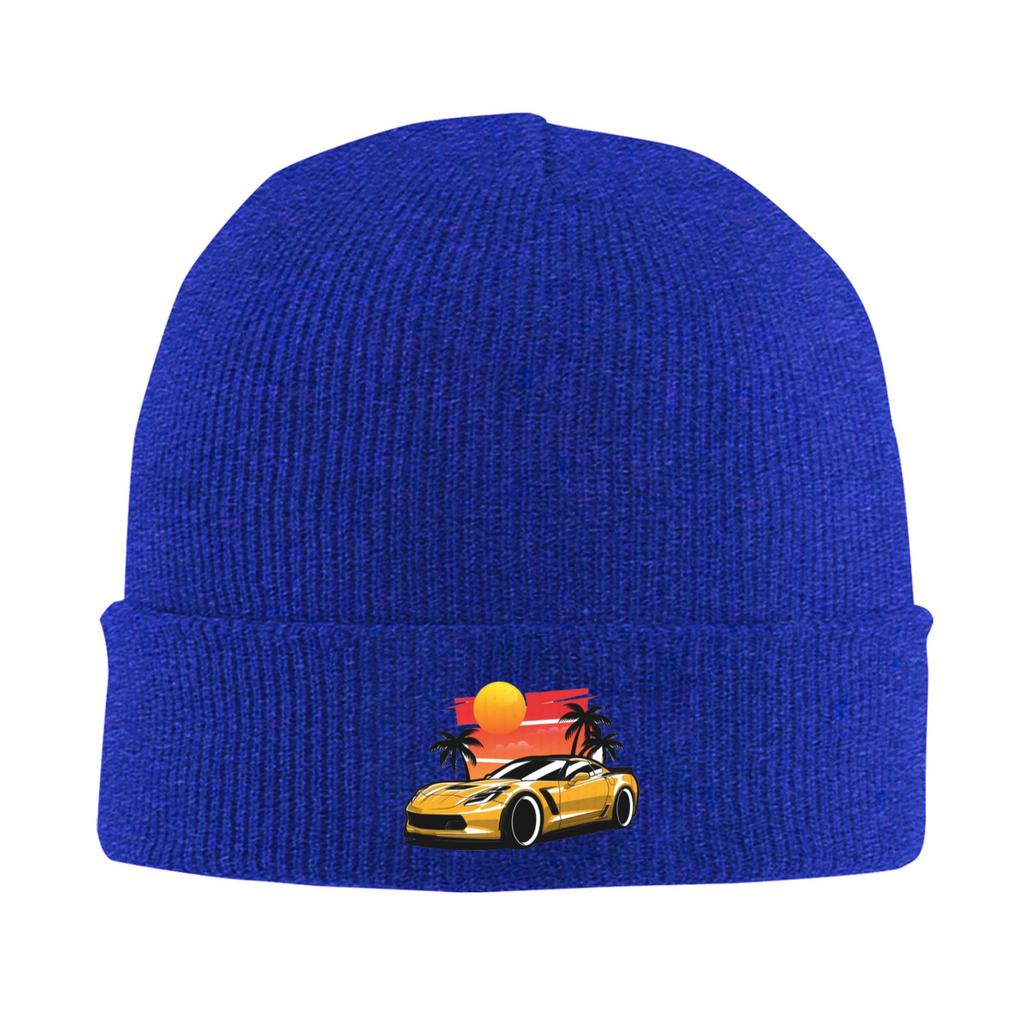 Yellow Corvette Z06 Sunset Palms Winter Skullies Beanies Hat Warm Autumn Knitted Hats Bonnet Caps for Women Men