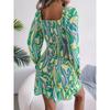 Women's Autumn/winter Sexy Square Collar Print Long Sleeve Ruffled Hip Wrap Dress