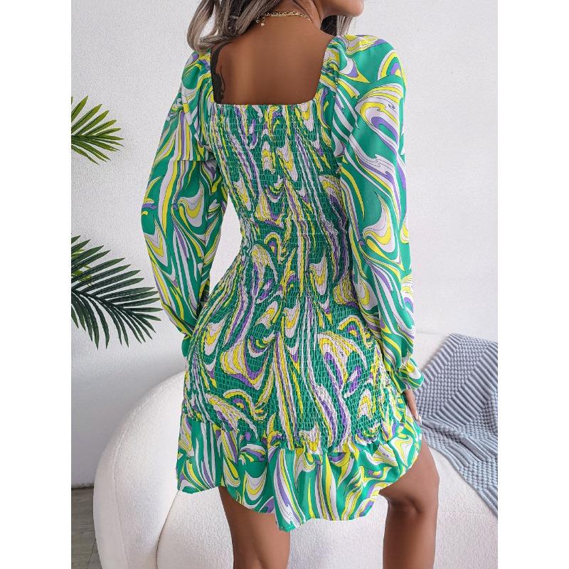 Women's Autumn/winter Sexy Square Collar Print Long Sleeve Ruffled Hip Wrap Dress