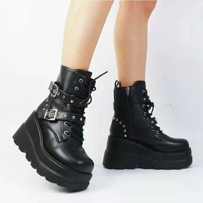 Damen Leder Stiefeletten Motorrad Bequeme Plateau Gothic Schuhe für Frau 2025 Neu Winter Runde Zehen Schnürstiefel Frau