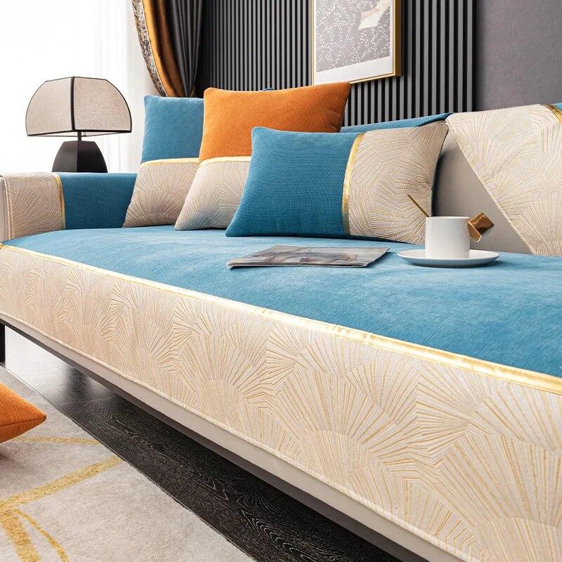 

Легкий роскошный чехол для дивана из синели с золотым краем, модный однотонный новый утолщенный диван-полотенце, противоскользящая подушка для дивана для гостиной 70x70cm 1pcs