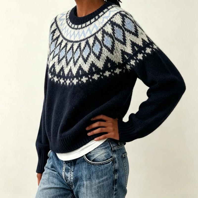 Womens Loose Fit Round Neck Fair Isle Knit Sweater Colorblock Pullover Fall Winter