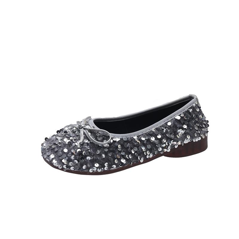 Flat-bottomed temperament silver sequined single shoes fairy shoes 2024 autumn new French black gentle evening shoes