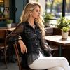 Women Mesh Detail Top Imitation Denim Tops for Women, Lapel Long Sleeve Shirt, Faux Blouse Patchwork Hem Blouse, Slim Fit Casual Work Party Date