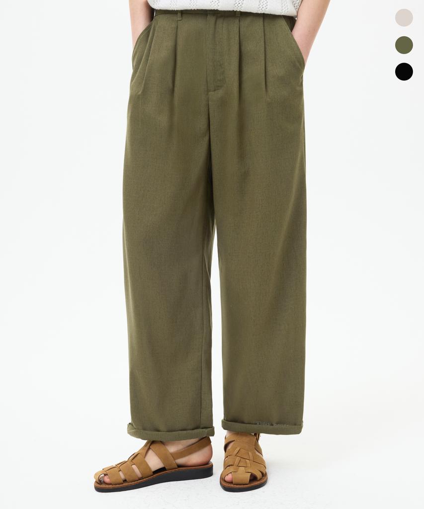 TRILLION Double-Pleat Tapered Linen Wide Elastic Waist Pants_3Color