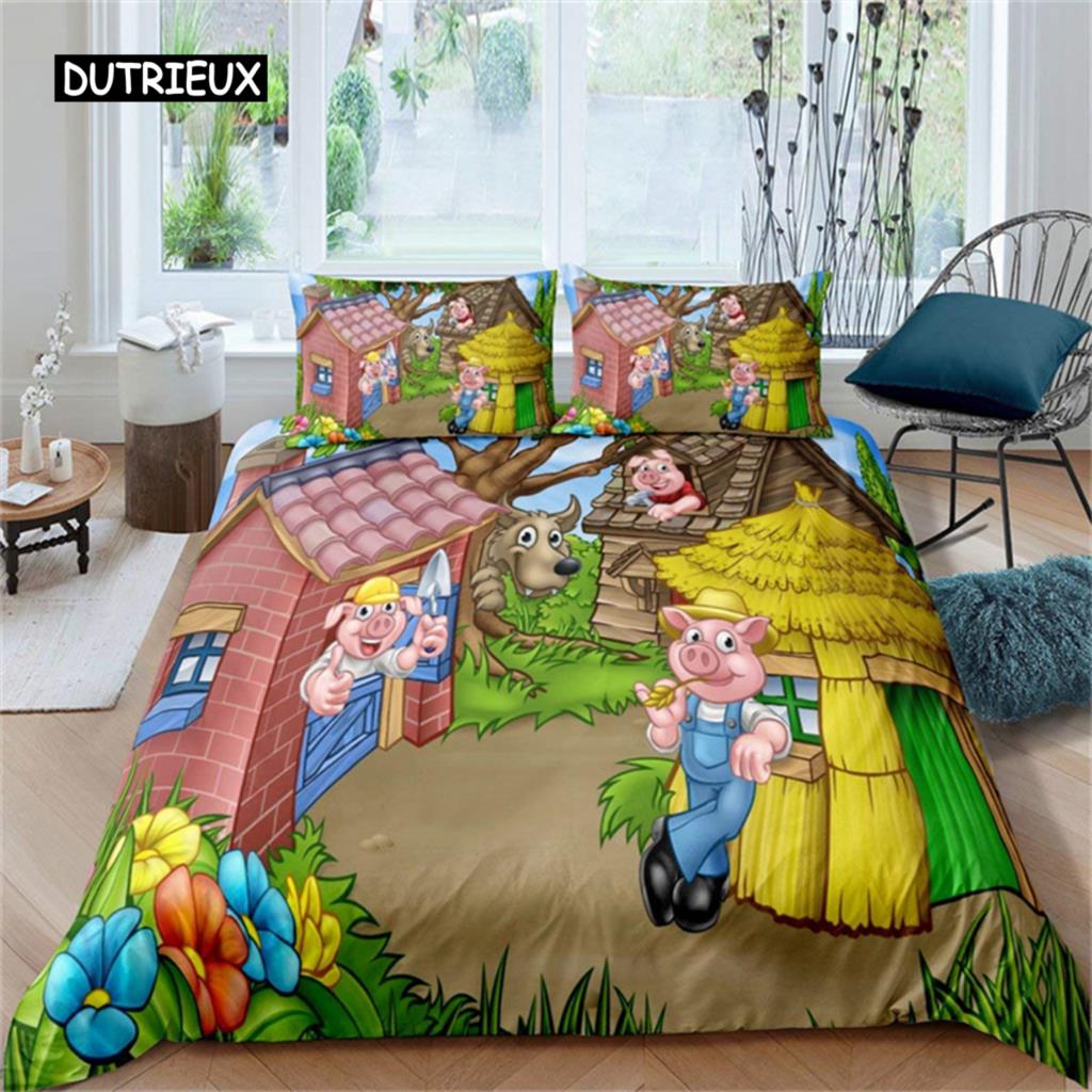 Cute Pig Duvet Cover Kawaii Pig Bedding Set Polyester Pigs Floral Comforter Cover Twin King For Teen Boy Girl Gift Room Decor