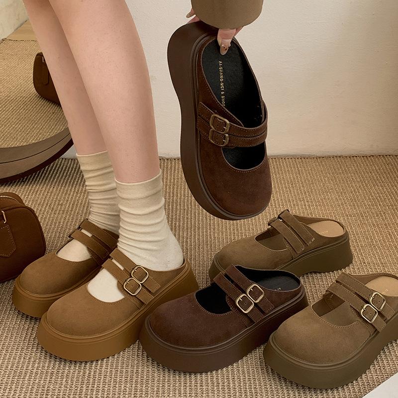 Versatile and Lightweight Retro Thick-bottomed Bag Head Slippers for Women's 2025 New Autumn and Winter Outer Wear To Increase the Height of Mary Jane
