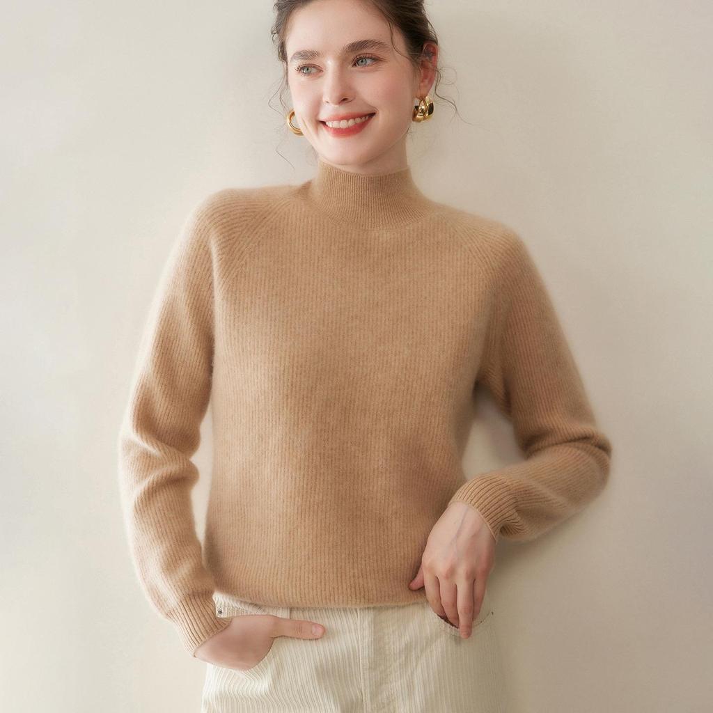 New Arrival: Women's Ribbed Cashmere Sweater - Twelve-Needle Design with Half-High Collar for Comfortable Autumn and Winter Wear