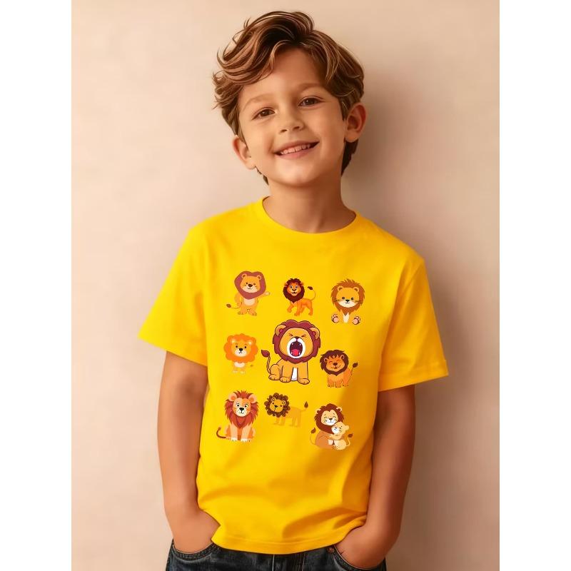 Summer Boys' Fashion Short Sleeve T-Shirt, Cartoon Lion Cartoon Pattern Print Outdoor Casual Top