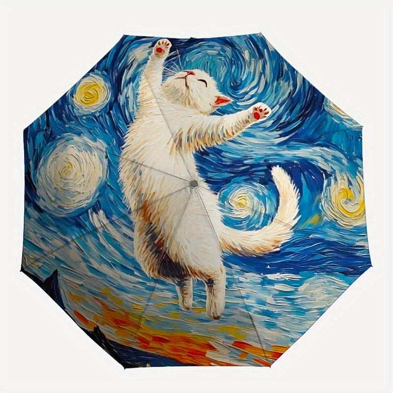 

1pc Cat Night Sky Automatic Open/close Leisure Umbrella, 8-Rib sturdy structure, Portable Travel Umbrella, Parties, Everyday Use, Outdoor Ac