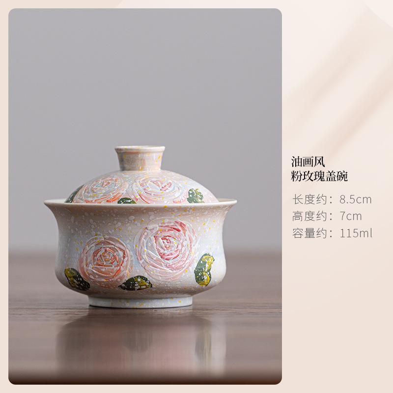 

115ml Hand Painted Rose Gaiwan Vintage Tea Tureen Household Tea Bowl With Lid Kit Tea Brewing Cover Bowl Cha Supplies Collection