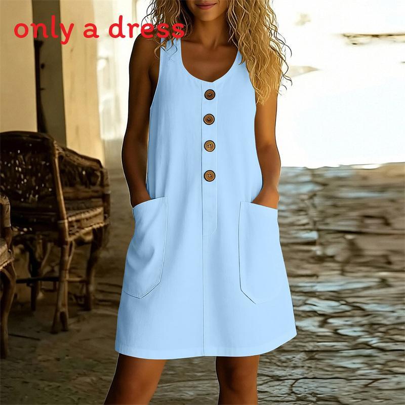 Abito Estivo Casual Senza Maniche in Lino Monocolore Giuntato con Scollo a U per Donna