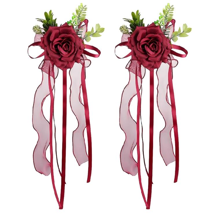 Wedding Entrance Vehicle Flower Ornament with Artificial Rose Ribbon Lengths for Mirror Placement and Car Styling