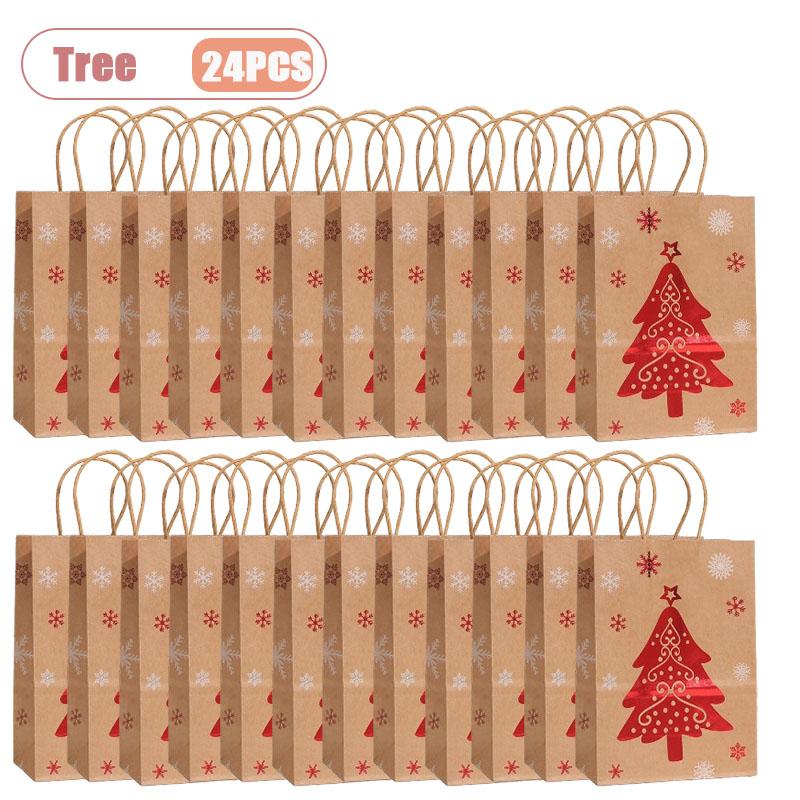Christmas Kraft Paper Gift Bag Foil Stamped Reindeer Snowflake Tree Design Handheld Holiday Wrapping Bag for Party Gift Giving
