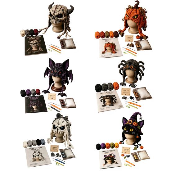 Easy Earflap Hat Pattern Halloween Animal Hood Crochet Kit, Skull Spider Bat DIY Beginner Kit Spooky Pumpkin Craft for Adults Teens, Autumn