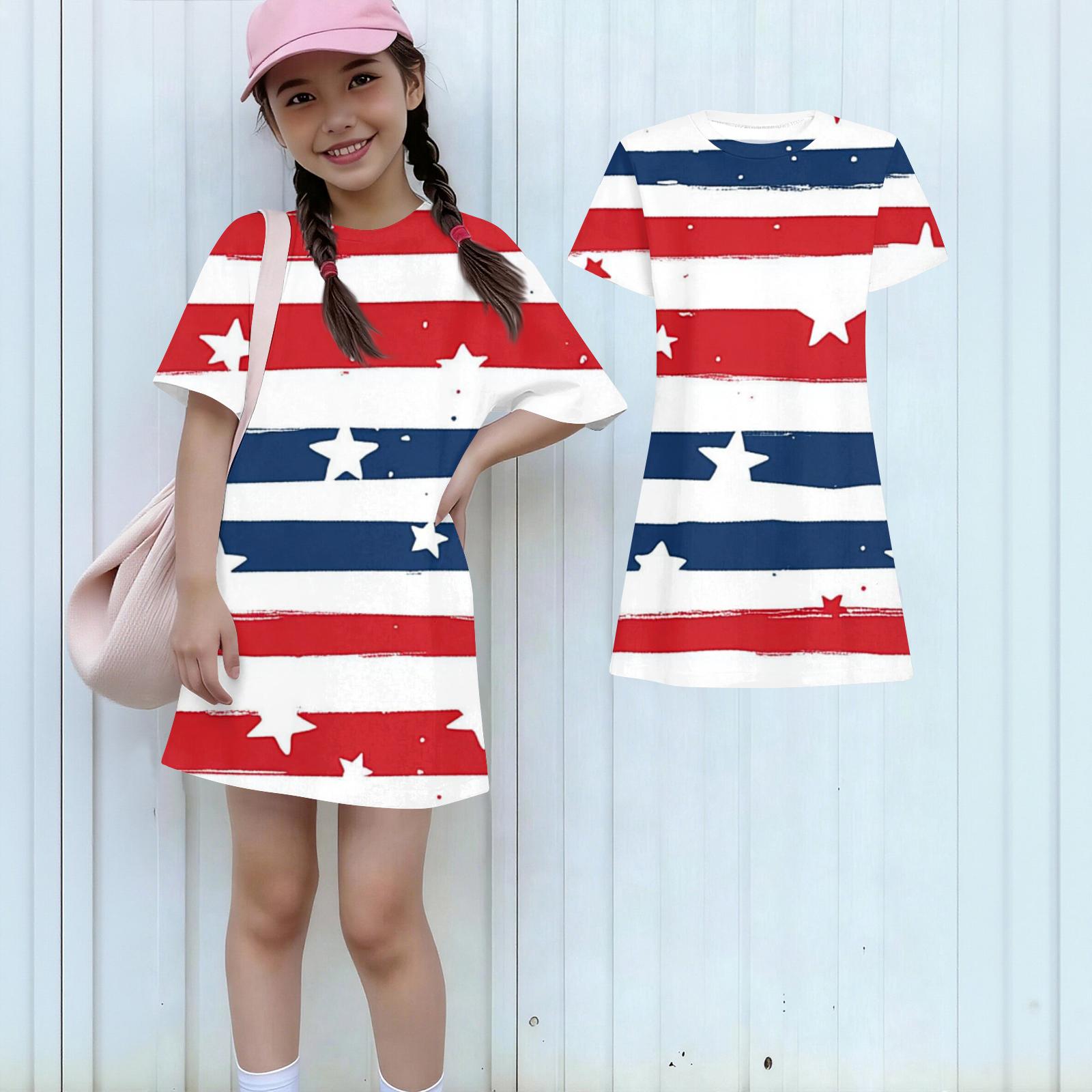 

Girls Independence Day Print Casual Dress Kids Loose Round Neck Short Sleeve Thin Sundress 120