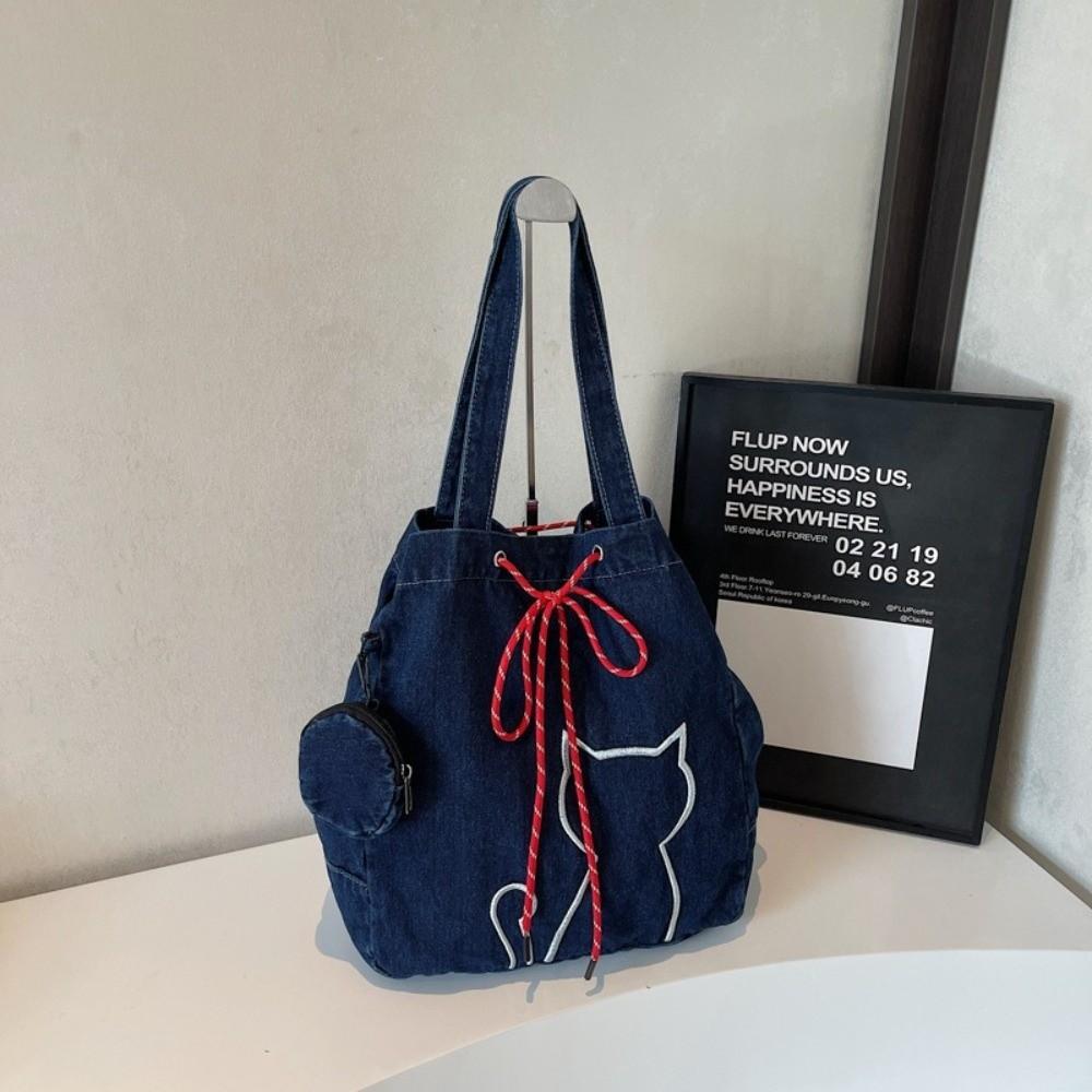 Denim Women Tote Bags Vintage Drawstring Bag Leisure Kitty Shoulder Bags  Commuting