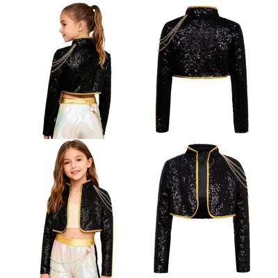 Shiny Sequins Stage Jacket for Girls, Long Sleeve Singer Cosplay Costume with Braided Trimming & Chains for a Complete Look