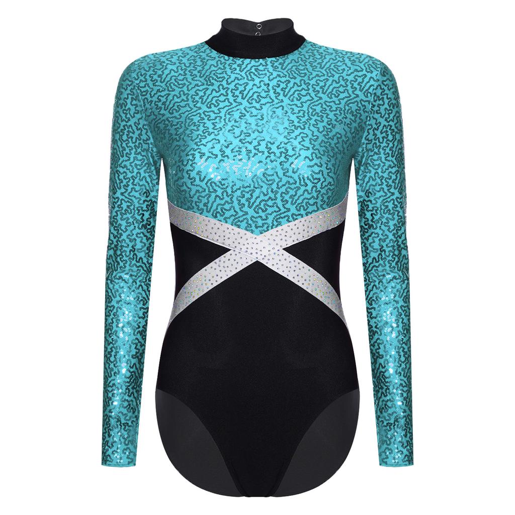 Glänzender Pailletten-Gymnastik-Leotard für Damen, Kontrastfarbe, Langarm, Rücken Ausgeschnitten, Einteiliger Body, Eiskunstlauf-Bekleidung