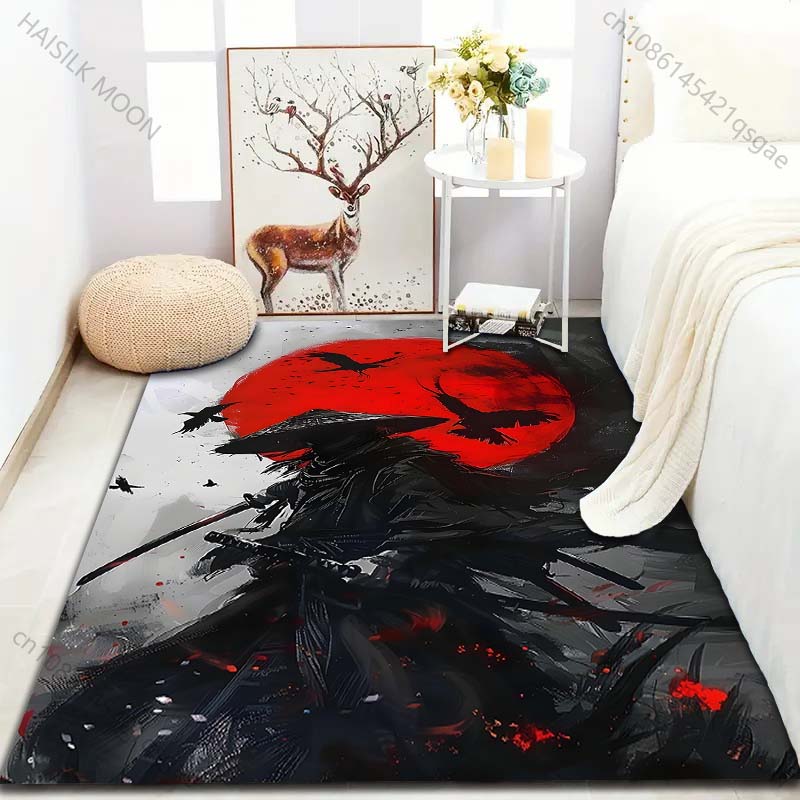 Japanese Samurai Ink Painting Style Print Carpet for Bedroom Living Room Bedside Sofa Floor Mat Modern Home Decor Area Rug