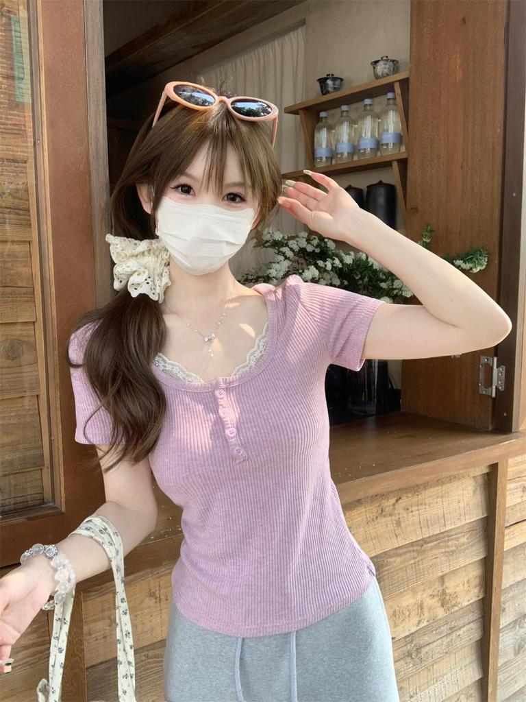 Summer Korean Style Sweet Square Neck Lace Trim Button Slim Fit Short Sleeve Top