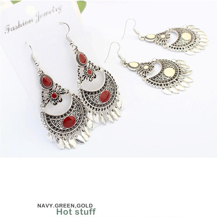 Retro High-end Ancient Silver Fashion Crescent Earrings, Ethnic Style Drop Glaze Long Fringed Earrings, Women's Ear Accessories